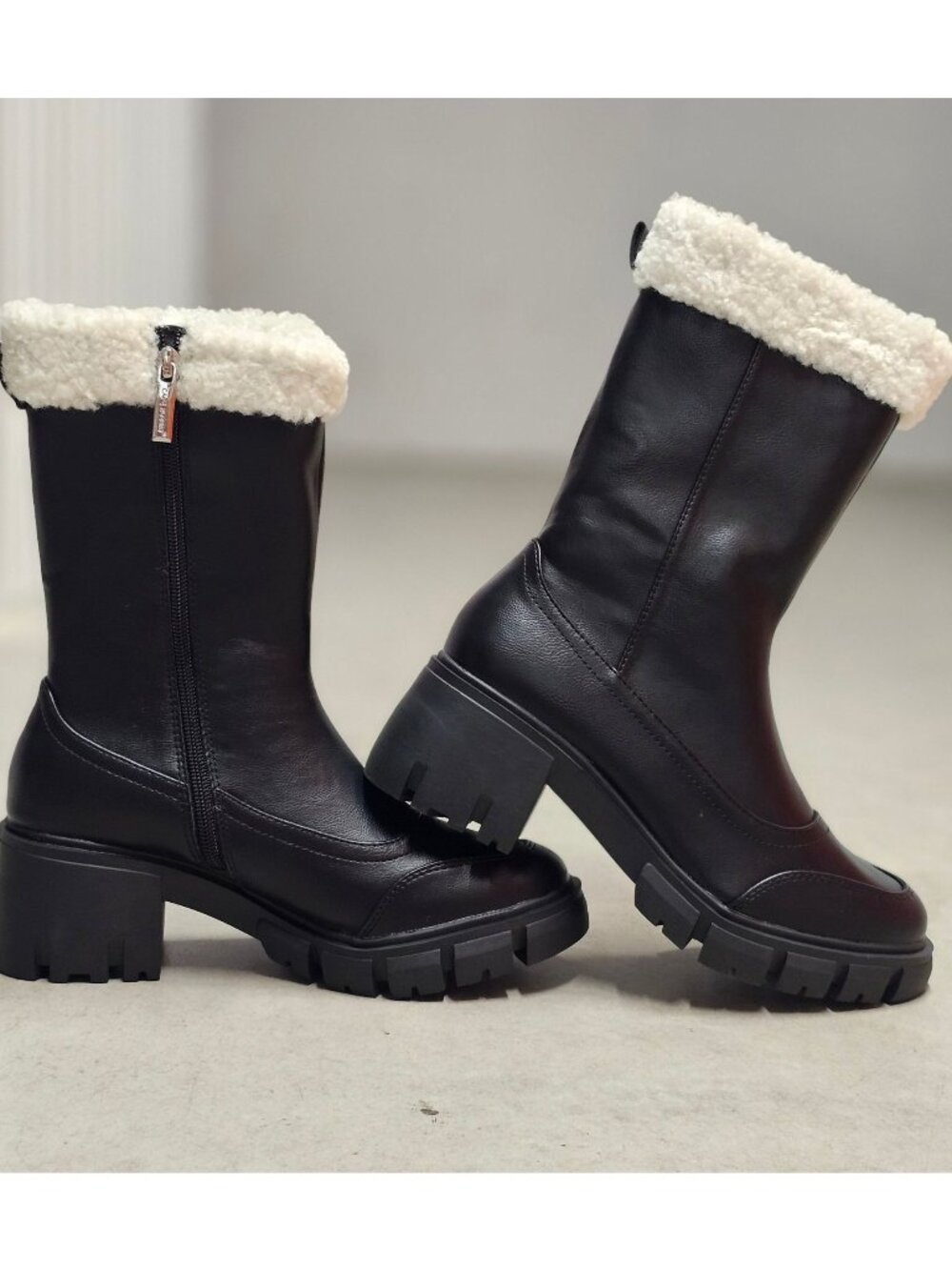 Black Winter Boots With Faux Fur Trim & Chunky Sole - Womens Mid-Calf Style With